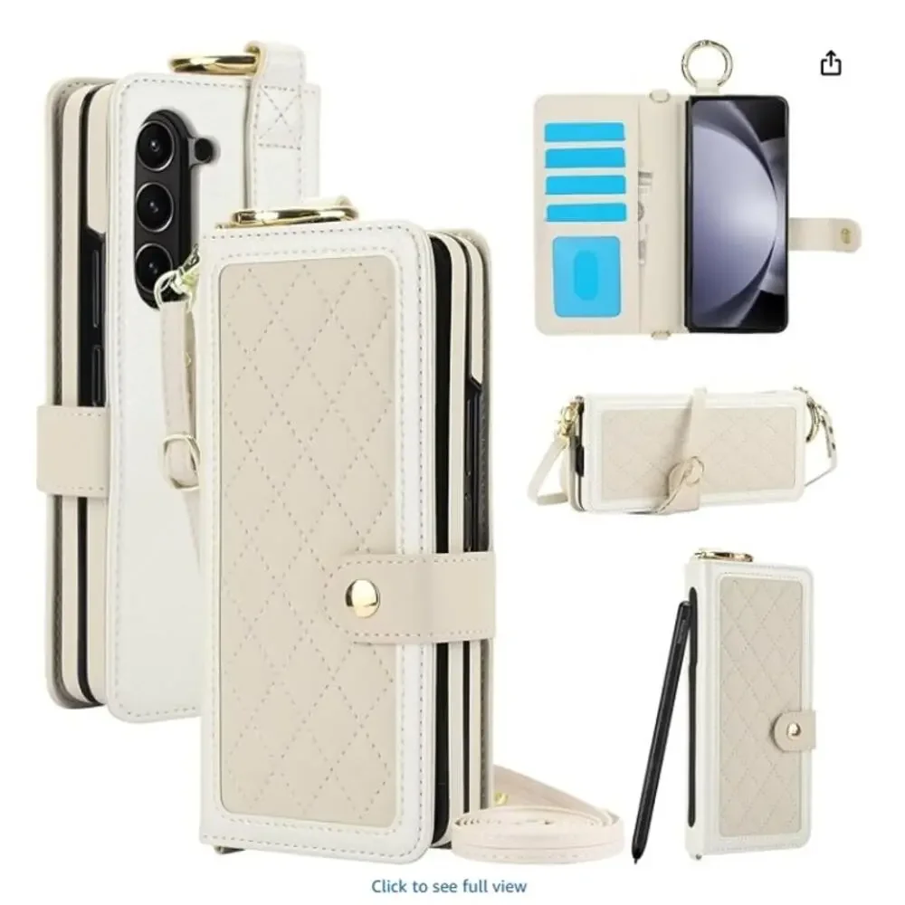 Asuwish Galaxy Z Fold 7 Crossbody Wallet Case RFID S Pen Holder Card Slots Beige